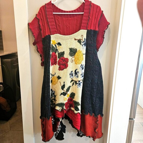Vintage upcycled Floral Patchwork Tunic Sweater Dress Ruffles Asymmetrical 2xl - Picture 1 of 5